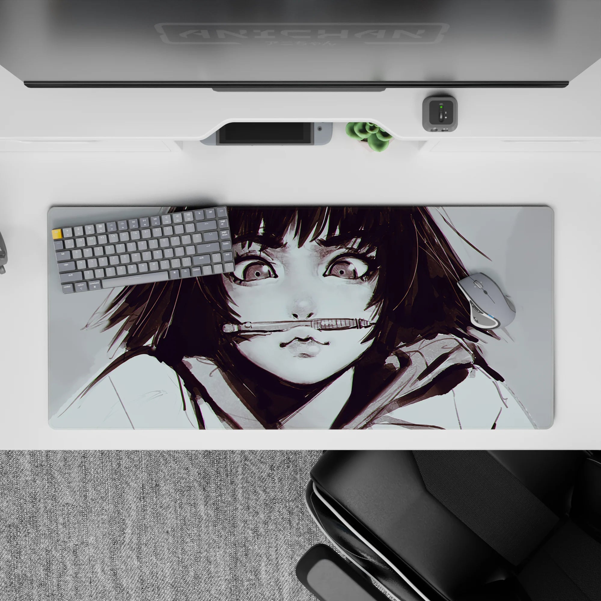 36x16 inches moody grey desk pad with smoky ink strokes and bright highlights for smooth mouse tracking.