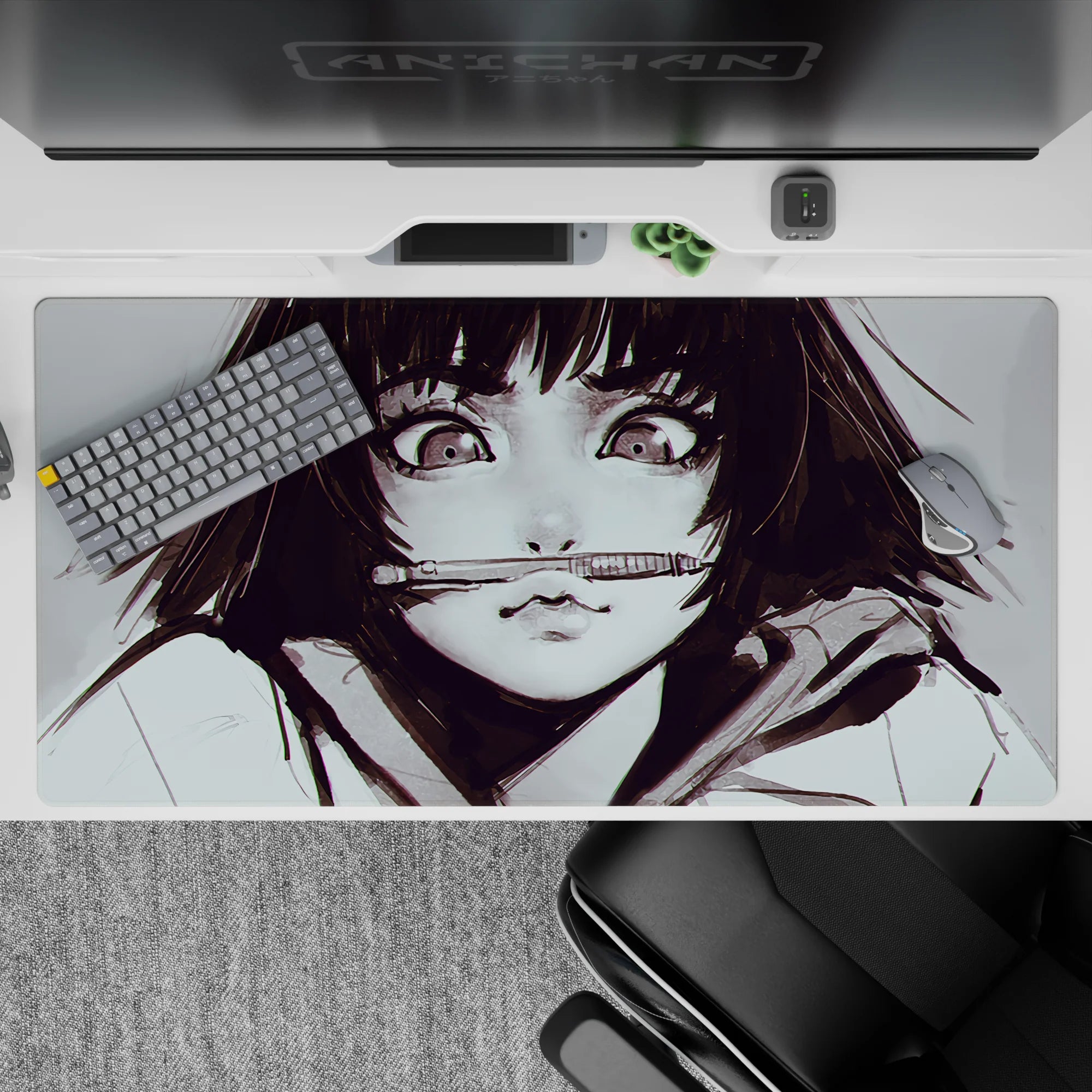 Moody grey smoky ink anime desk pad 40x20 inches with bright highlights and smooth tracking feel.