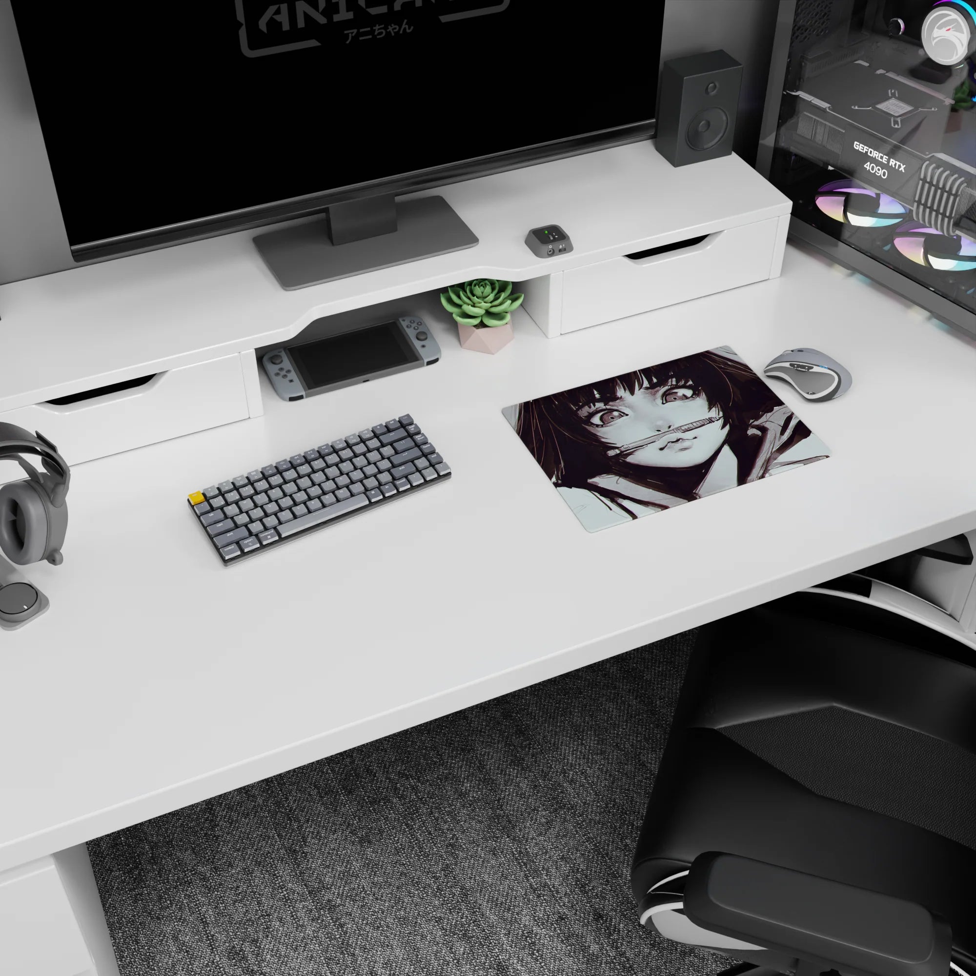 Cheeky wide-eyed anime girl with messy dark bob holding a pen between her lips on a 14x10 inches mouse pad.