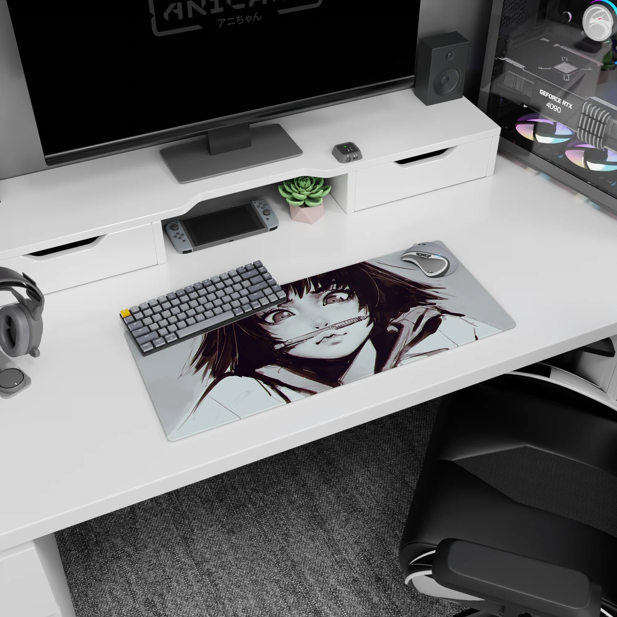 28x12 inches mouse pad showing a mischievous anime girl in a hoodie, pen in her lips, close-up stare.