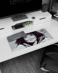 28x12 inches mouse pad showing a mischievous anime girl in a hoodie, pen in her lips, close-up stare.