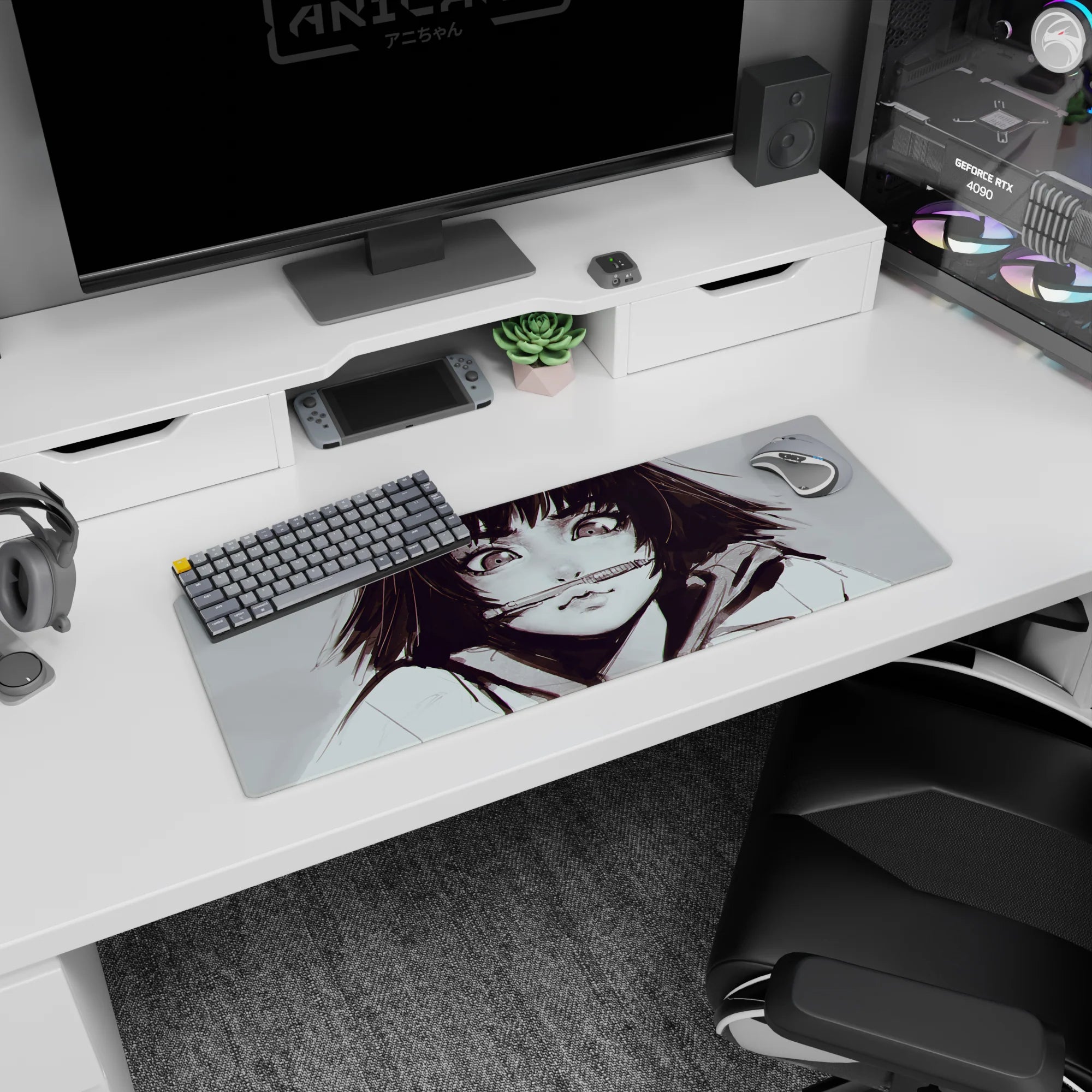 32x12 inches extended mouse pad showing a mischievous anime girl close-up, pen between her lips, intense gaze.