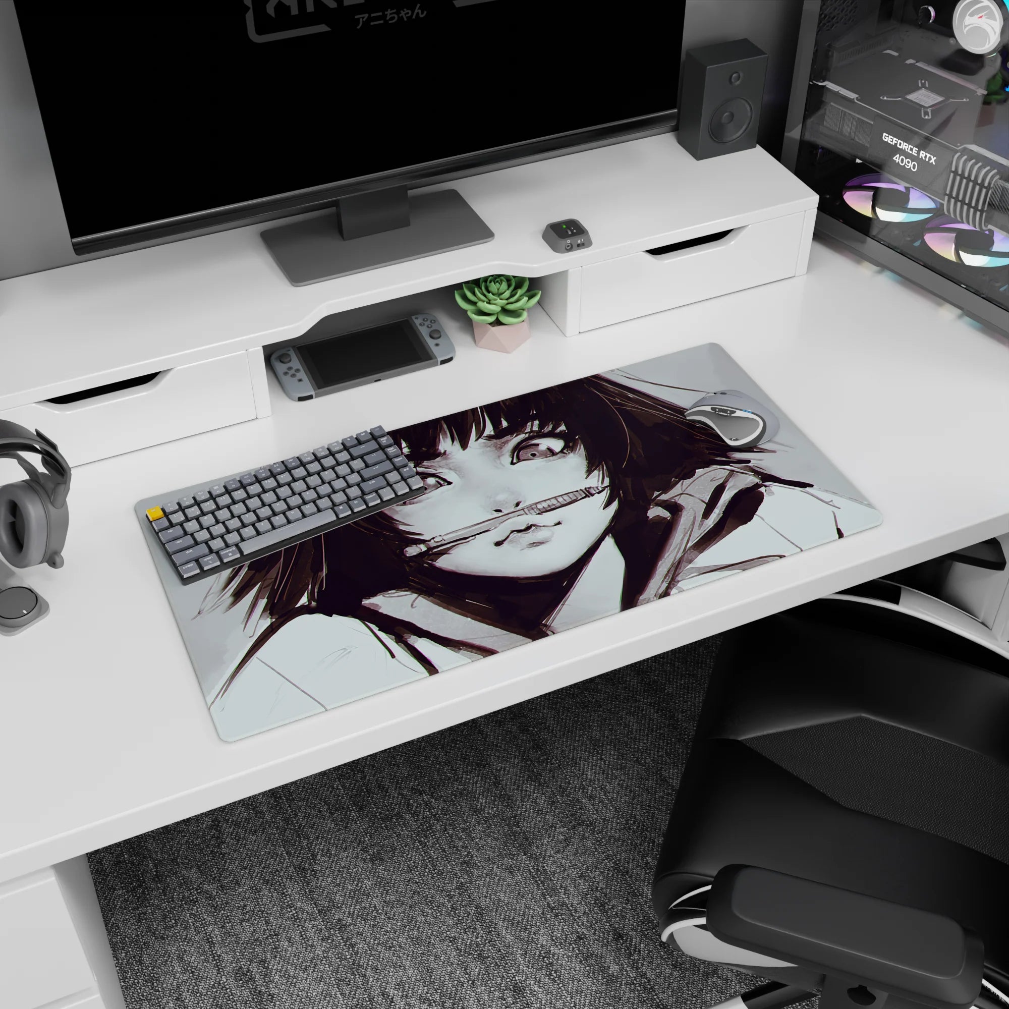 32x16 inches anime girl mouse pad close-up of cheeky girl holding a pen between her lips, playful.