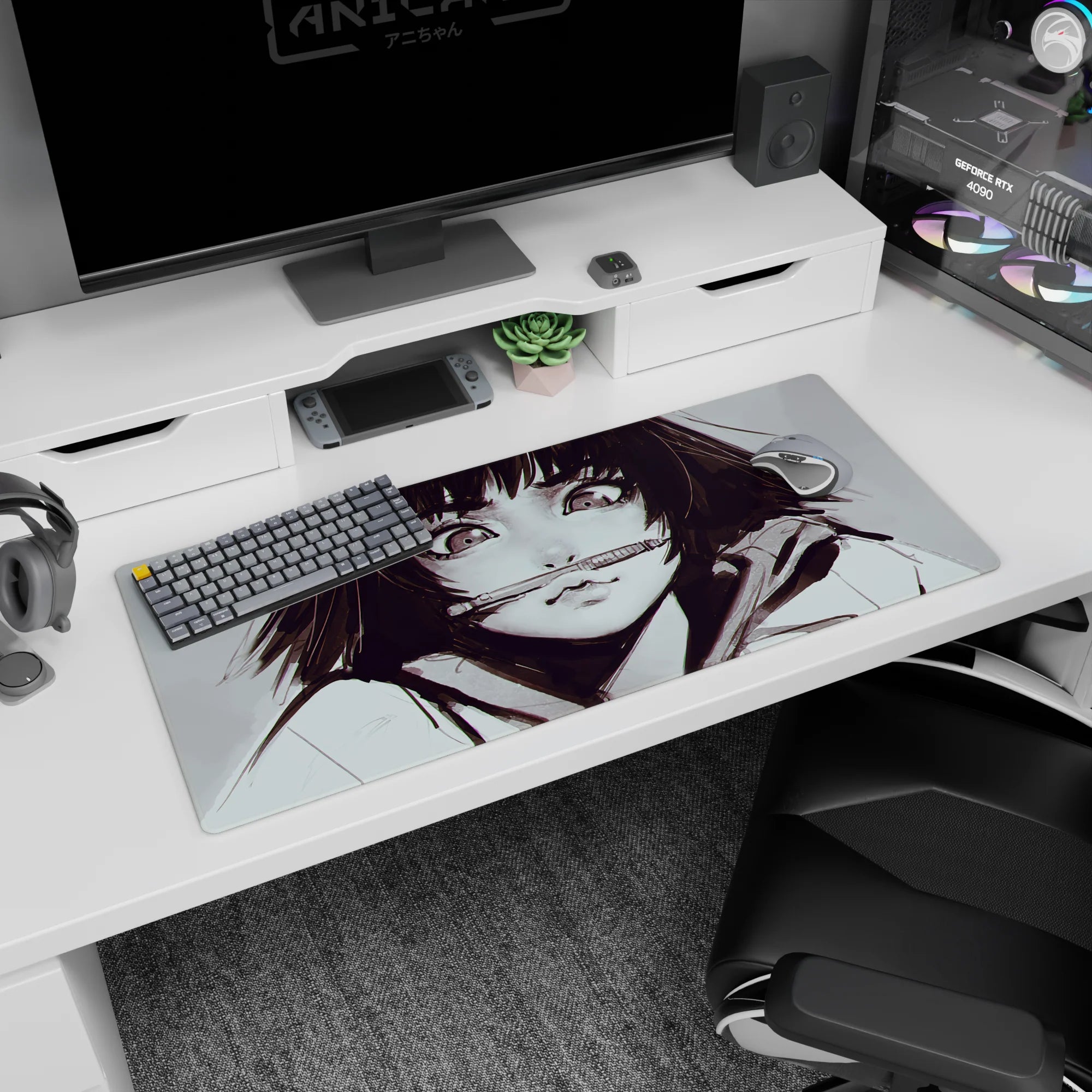 36x16 inches desk pad showing a mischievous anime girl in a hoodie, pen in her mouth, close-up gaze.
