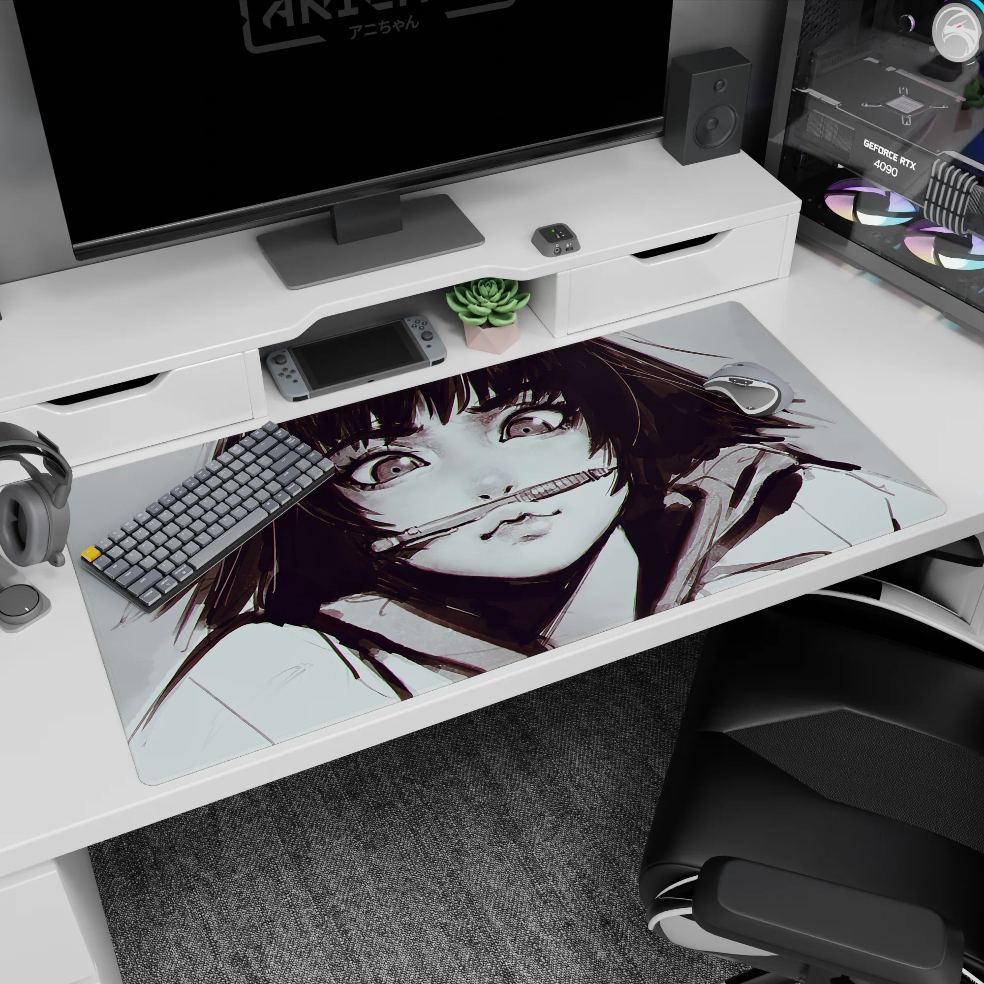 Mischievous wide-eyed anime girl holding a pen between her lips on a 40x20 inches desk pad.