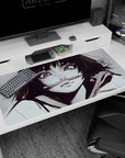 Mischievous wide-eyed anime girl holding a pen between her lips on a 40x20 inches desk pad.