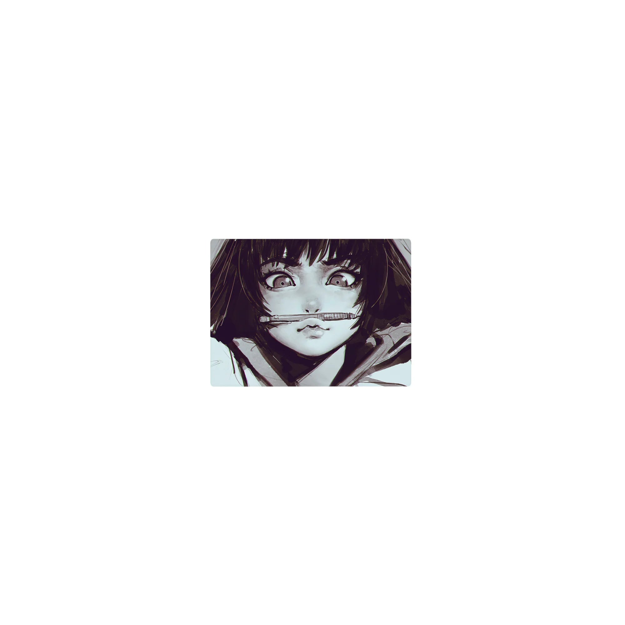 Classic anime girl mouse pad 14x10 inches with wide-eyed brunette, pen-in-mouth pose, sketchy hoodie art.