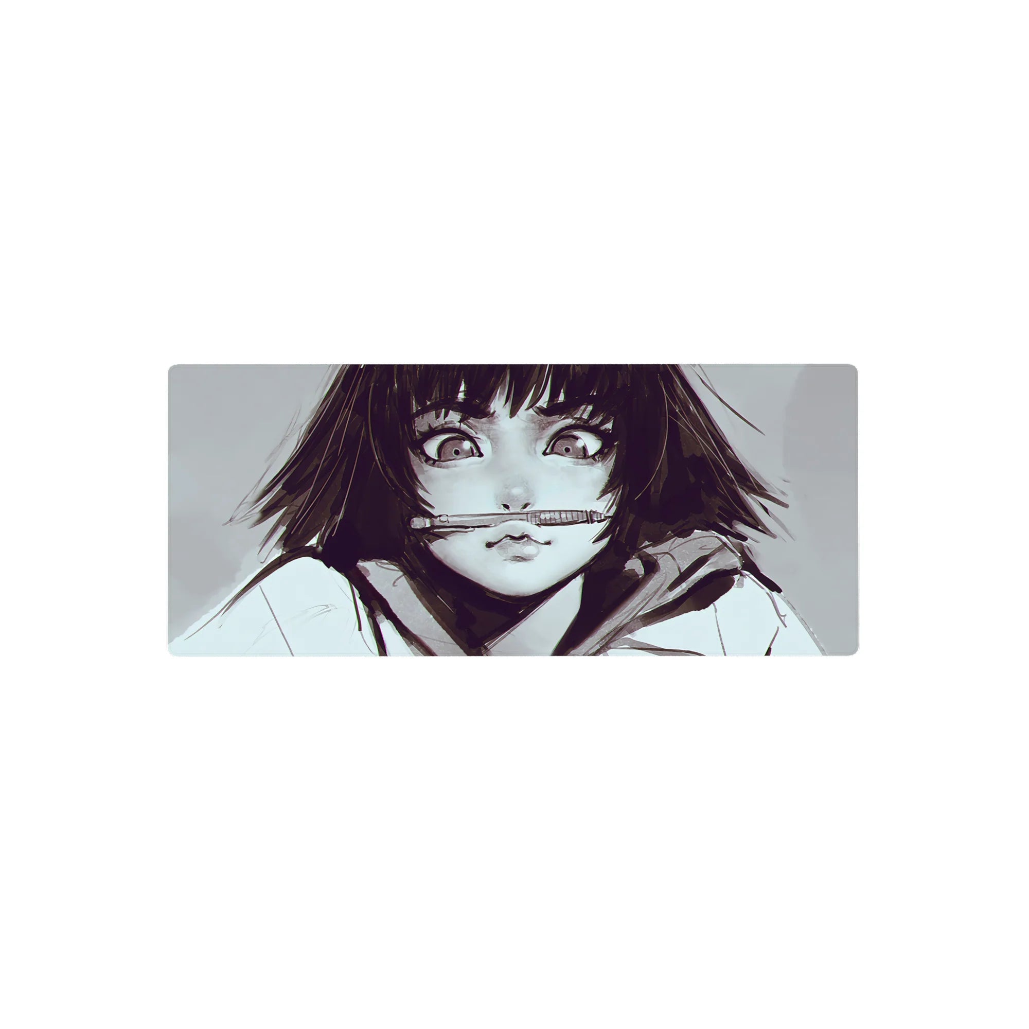 28x12 inches anime girl mouse pad with wide-eyed bob-haired sketch style and pen-between-lips pose.