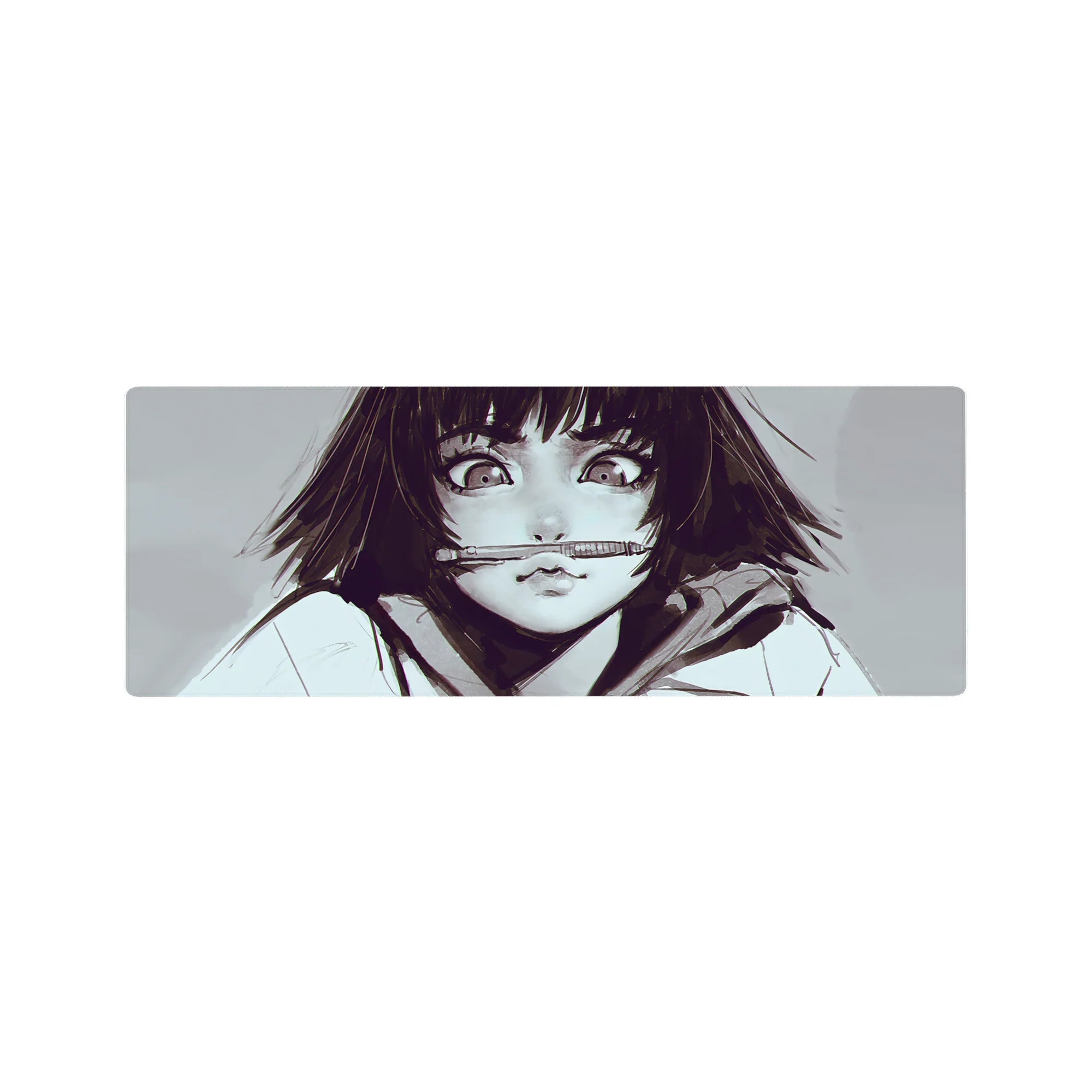 32x12 inches anime girl mouse pad with wide sparkling eyes, messy dark bob, pen-in-mouth, sketchy hoodie art.