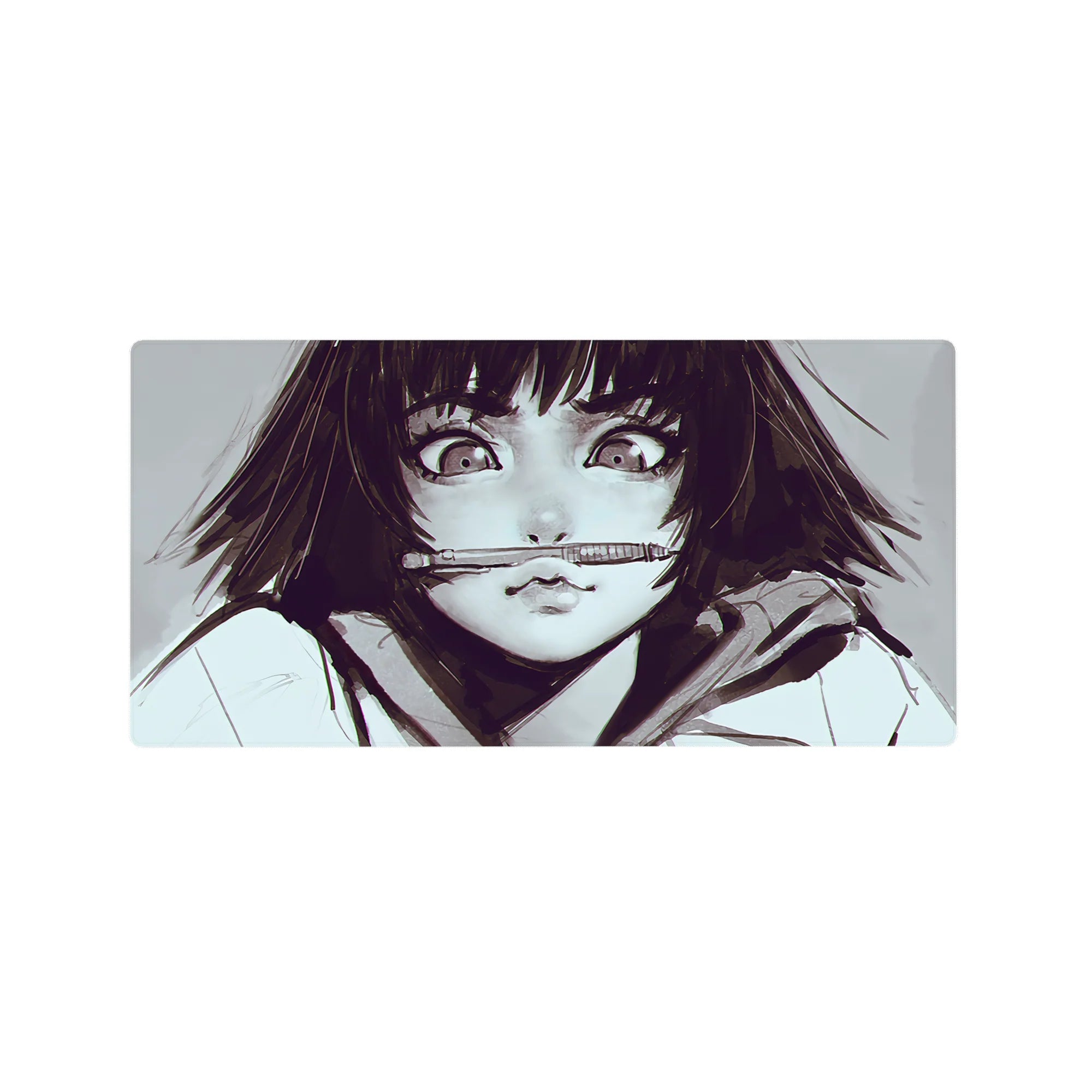 32x16 inches anime girl mouse pad with wide sparkling eyes, messy dark bob, and sketchy hoodie folds.