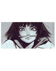 32x16 inches anime girl mouse pad with wide sparkling eyes, messy dark bob, and sketchy hoodie folds.