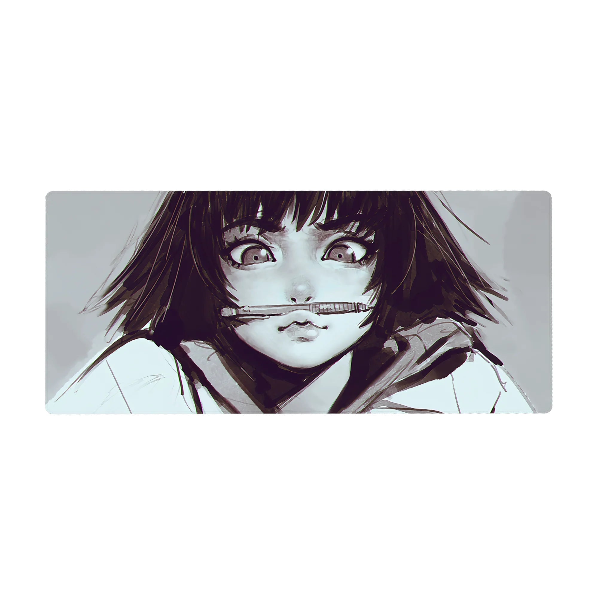 36x16 inches anime girl desk pad with wide sparkling eyes, messy dark bob, and pen-between-lips art.