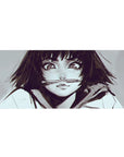 36x16 inches anime girl desk pad with wide sparkling eyes, messy dark bob, and pen-between-lips art.