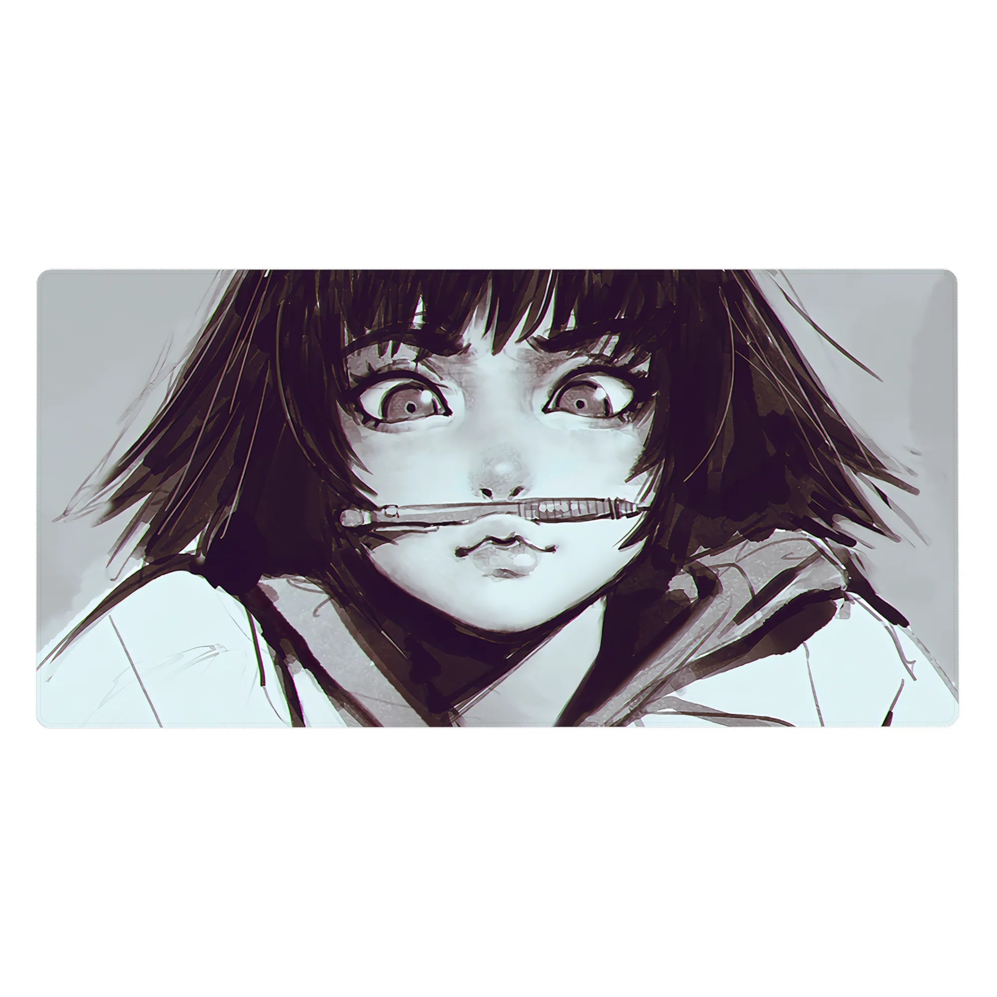 Anime girl desk pad 40x20 inches with wide-eyed close-up, messy dark bob, pen-in-mouth, sketchy hoodie.