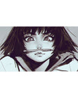 Anime girl desk pad 40x20 inches with wide-eyed close-up, messy dark bob, pen-in-mouth, sketchy hoodie.