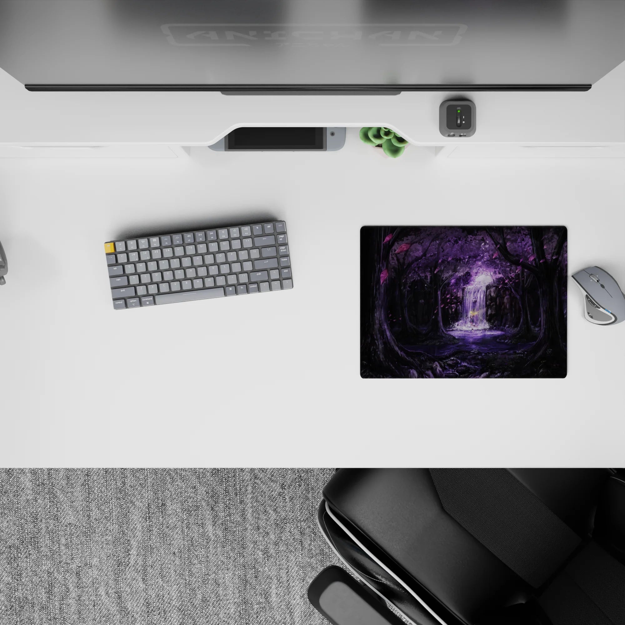 Dark anime mouse pad 14x10 inches in deep blacks and lavender, soft waterfall shimmer, calm dreamy mood.