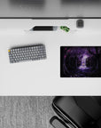 Dark anime mouse pad 14x10 inches in deep blacks and lavender, soft waterfall shimmer, calm dreamy mood.