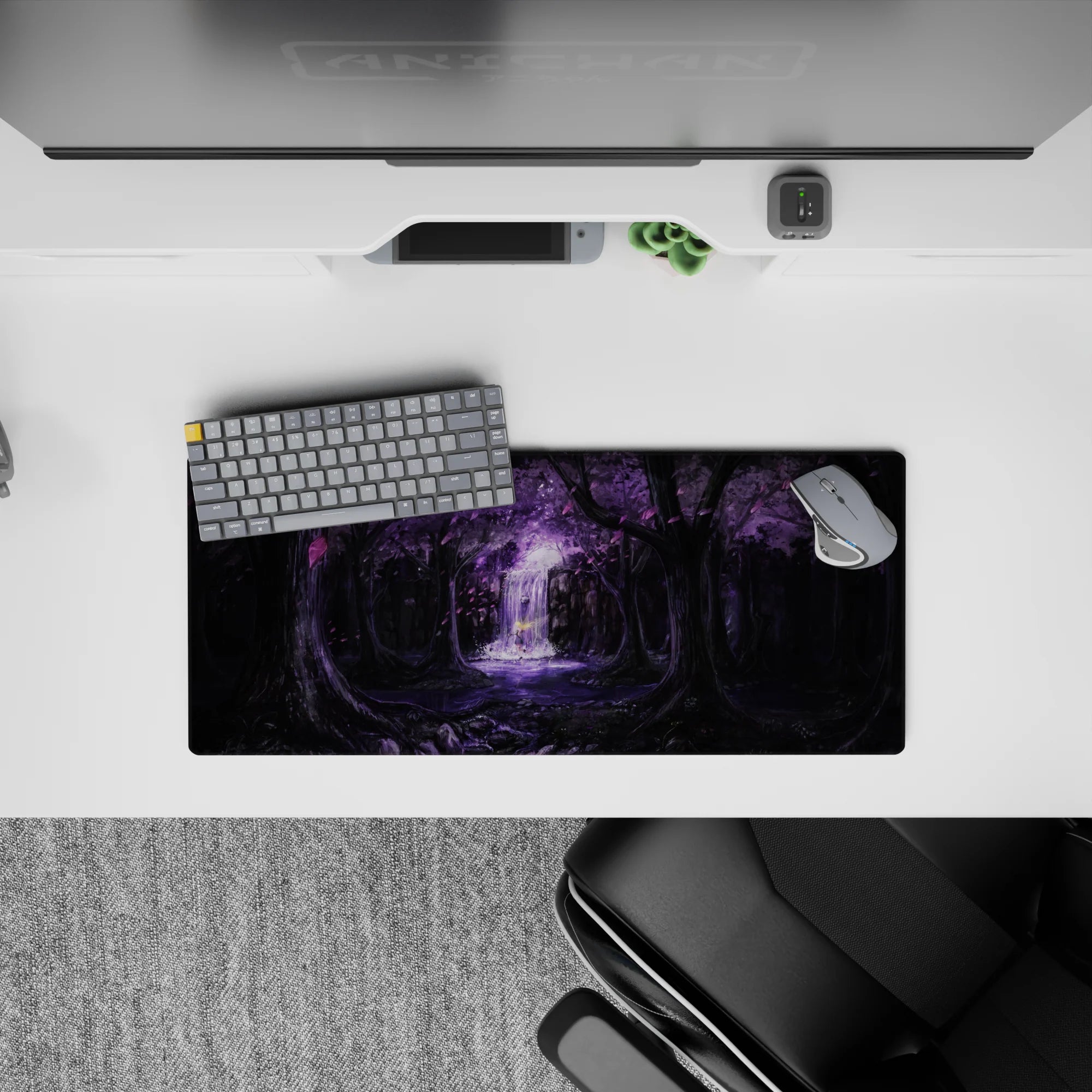 28x12 inches anime mouse pad in deep blacks and lavender glow, soft waterfall shimmer, calm fantasy mood.