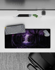 28x12 inches anime mouse pad in deep blacks and lavender glow, soft waterfall shimmer, calm fantasy mood.