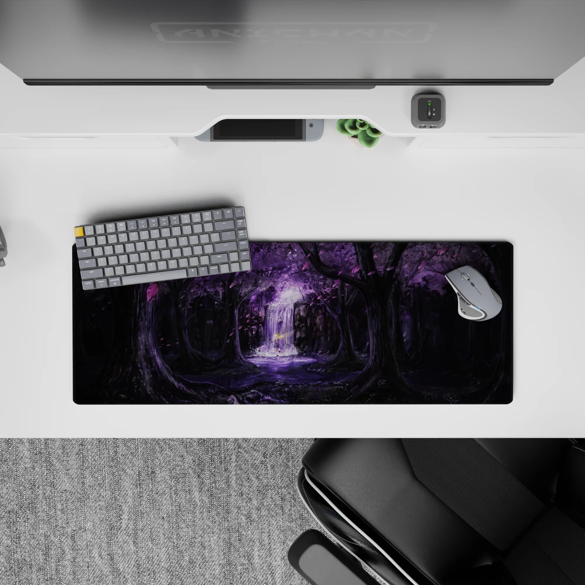 32x12 inches anime mouse pad in deep blacks and lavender glow, calm misty waterfall ambiance.