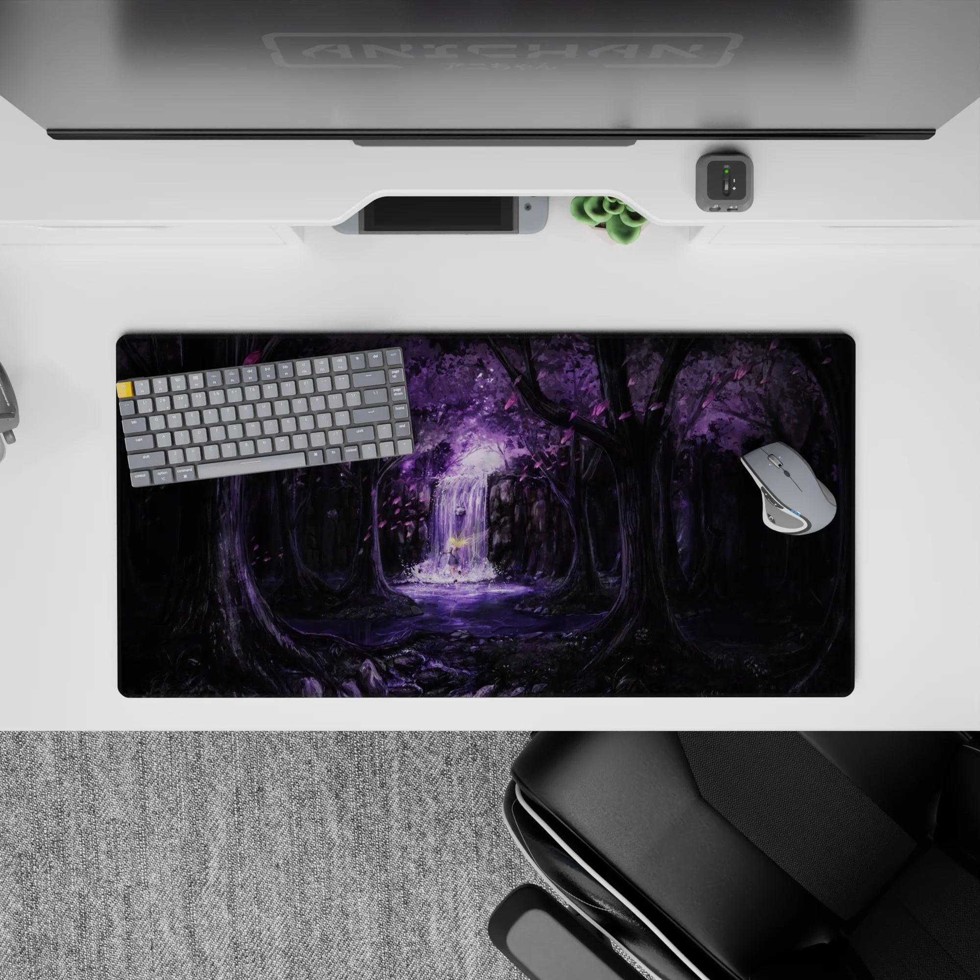 32x16 inches anime mouse pad in deep blacks and lavender glow, soft water shimmer, dreamy calm fantasy mood.
