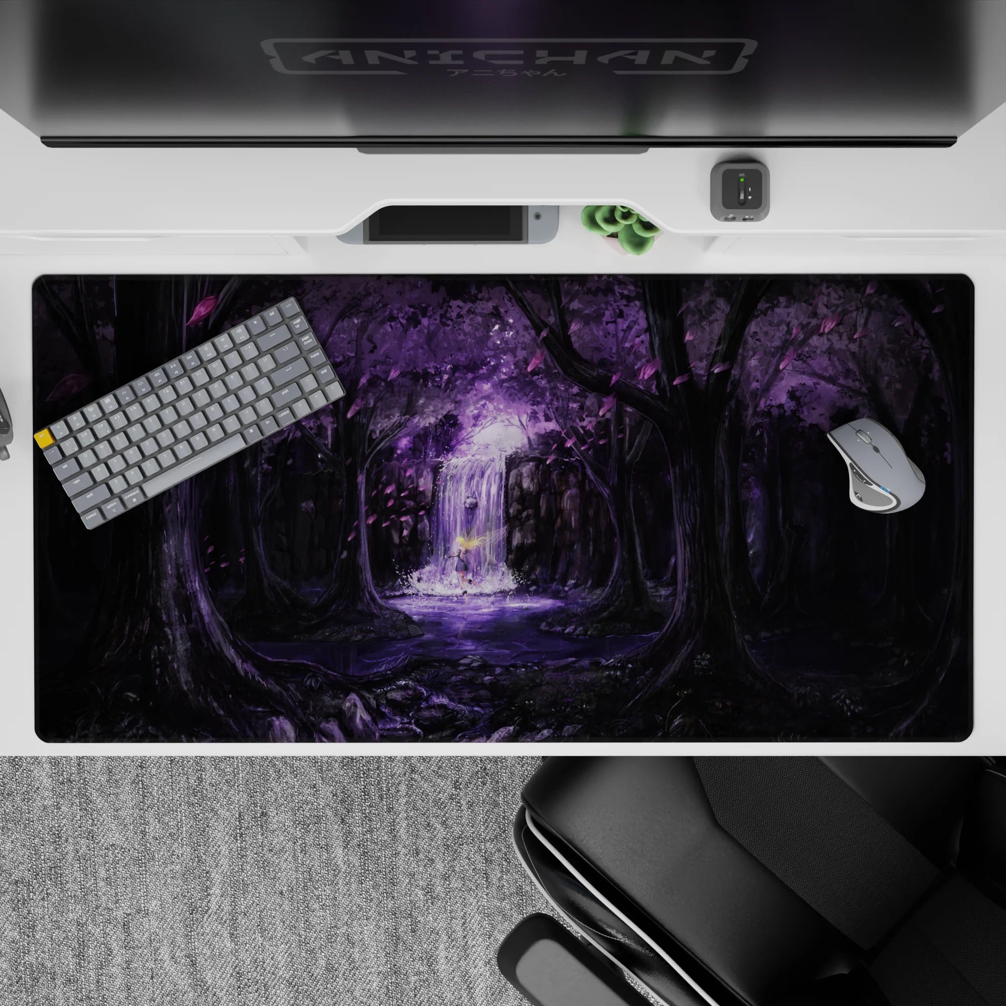 40x20 inches anime desk pad in deep blacks and lavender dusk, with soft glowing waterfall mist.