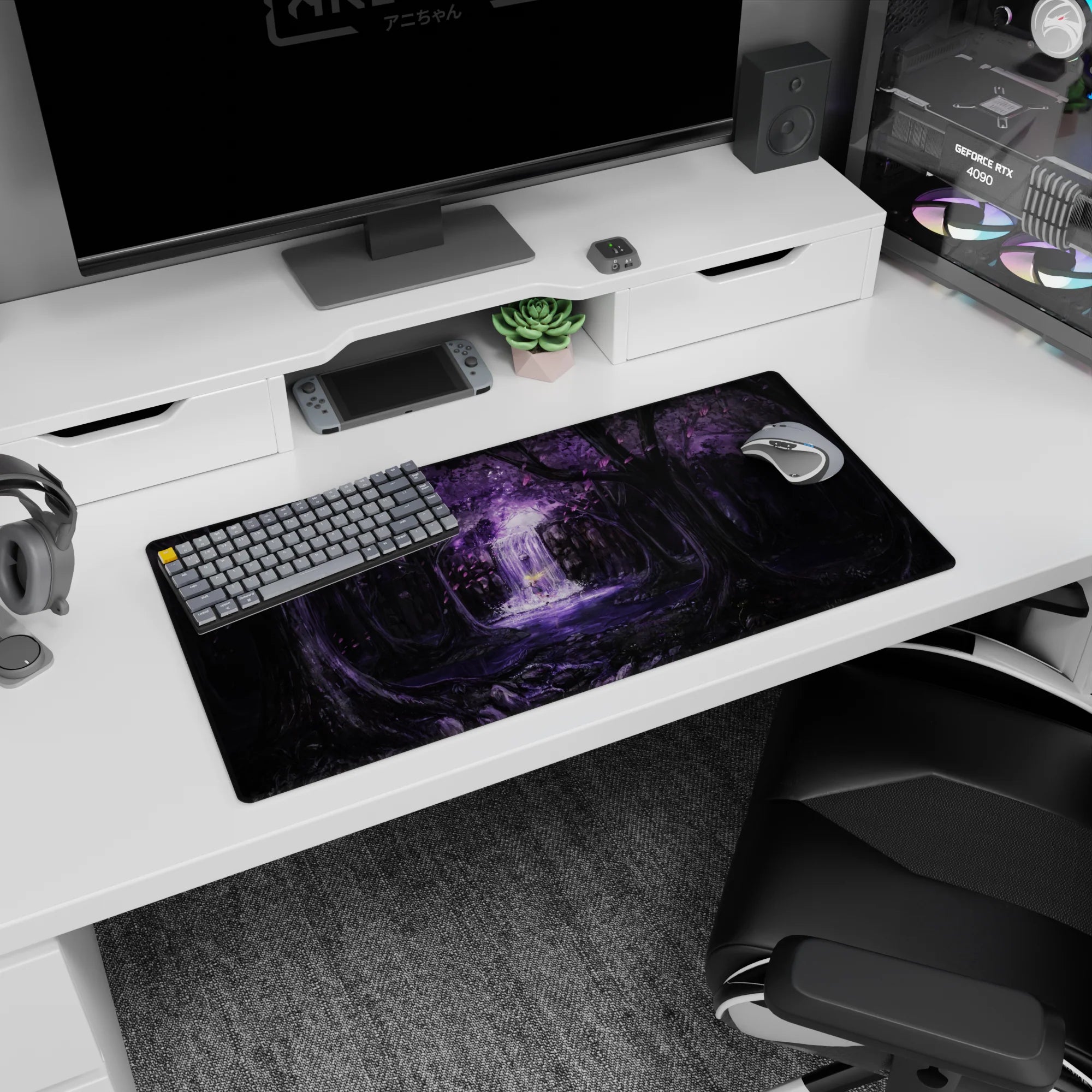 32x16 inches anime mouse pad showing a lone brave figure in mist before a glowing waterfall in a purple forest.