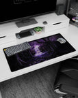 32x16 inches anime mouse pad showing a lone brave figure in mist before a glowing waterfall in a purple forest.