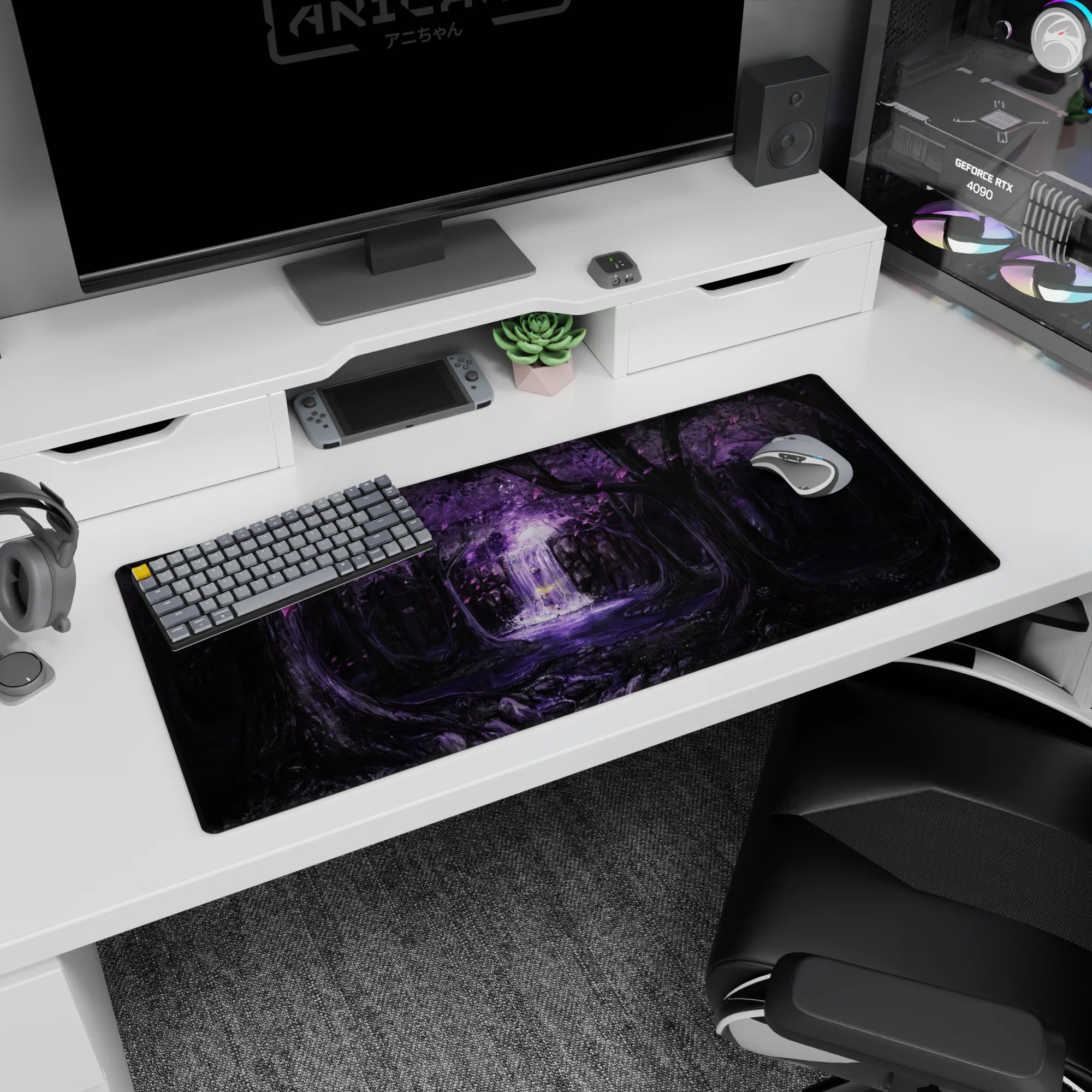 Anime desk pad 36x16 inches showing a lone brave figure by a glowing waterfall in a purple forest mist.