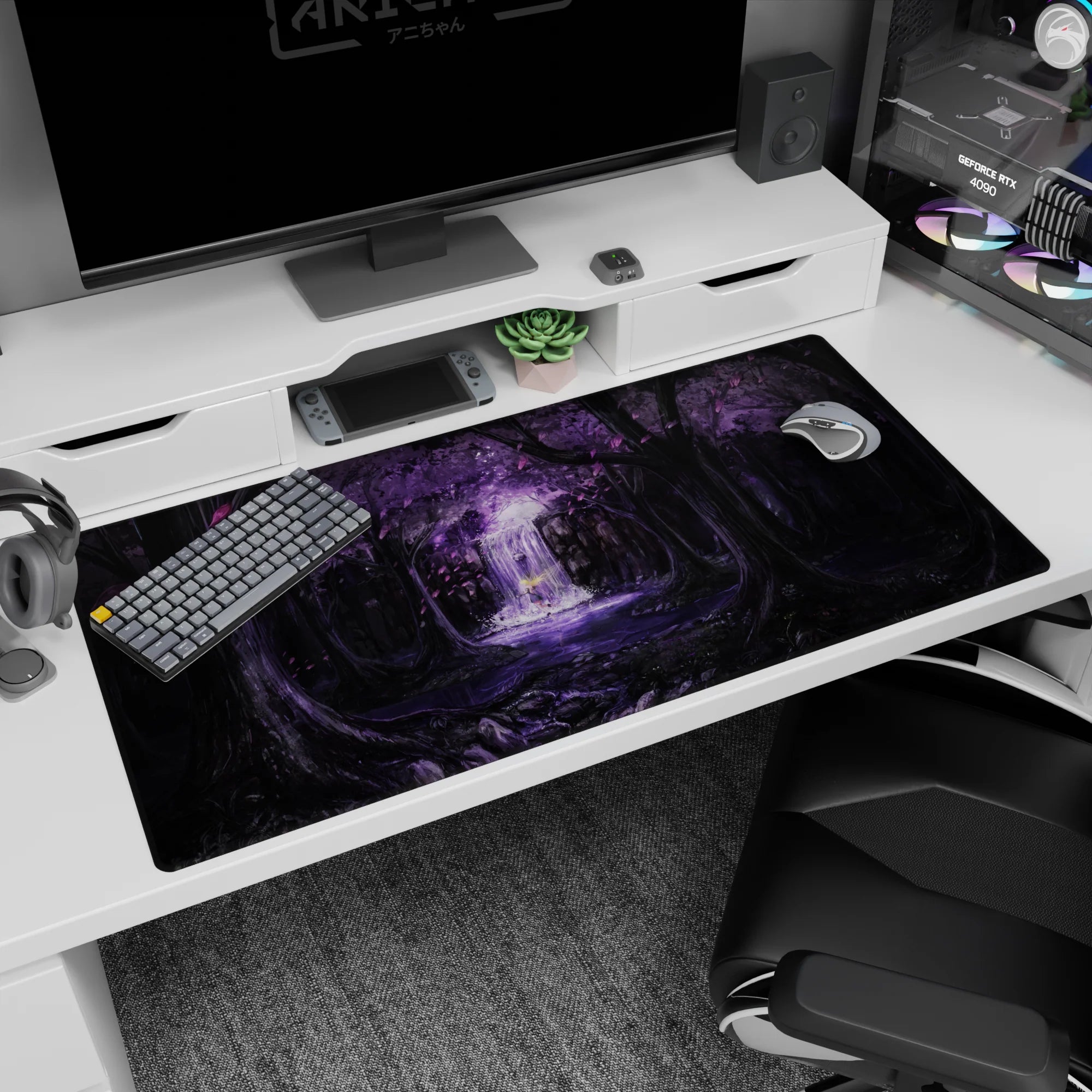 Anime desk pad 40x20 inches showing a lone brave figure in mist before a glowing waterfall altar.