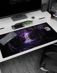 Anime desk pad 40x20 inches showing a lone brave figure in mist before a glowing waterfall altar.