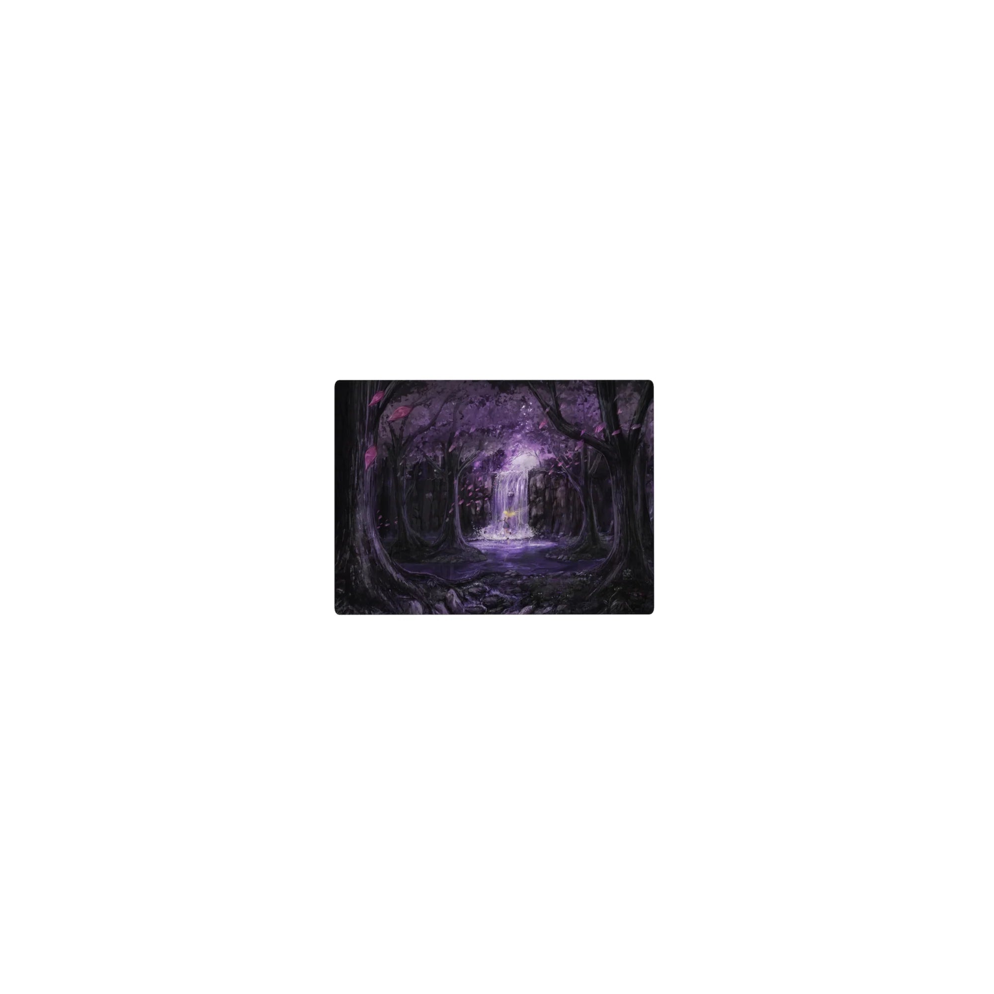 Classic anime mouse pad 14x10 inches with violet forest, glowing waterfall, drifting petals and misty fantasy.