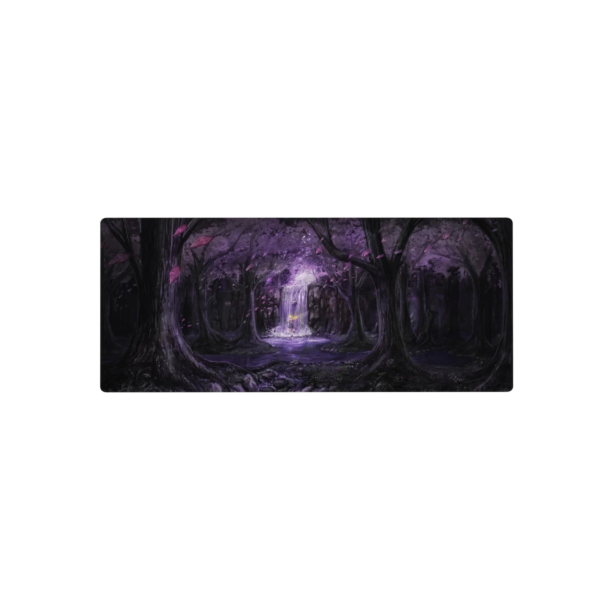 28x12 inches anime mouse pad with violet forest, glowing waterfall altar, drifting petals, and misty figure.