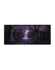 28x12 inches anime mouse pad with violet forest, glowing waterfall altar, drifting petals, and misty figure.