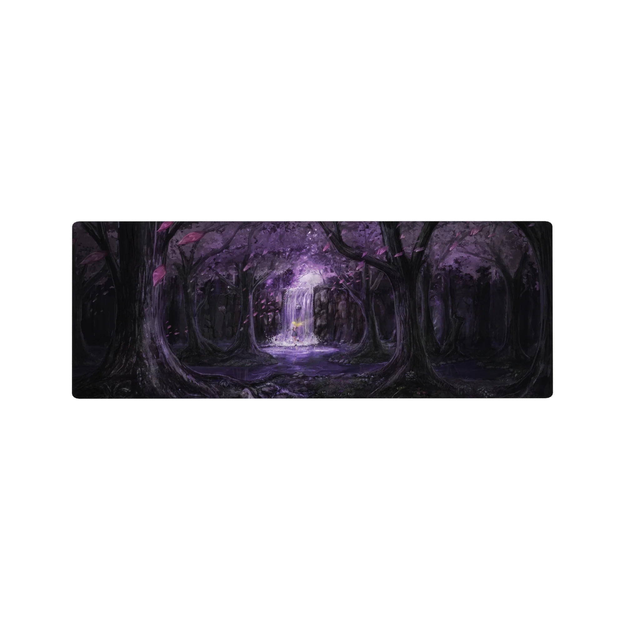 Anime mouse pad 32x12 inches with violet forest waterfall scene, drifting petals, and fantasy lighting.