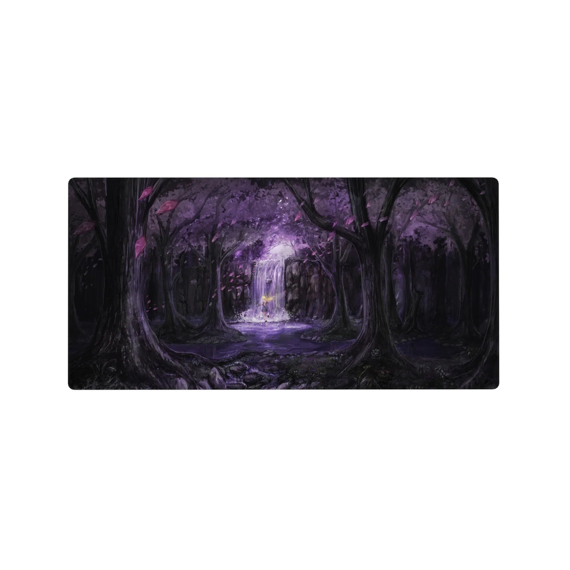 32x16 inches anime mouse pad with violet forest, glowing waterfall altar, drifting petals, and misty figure.