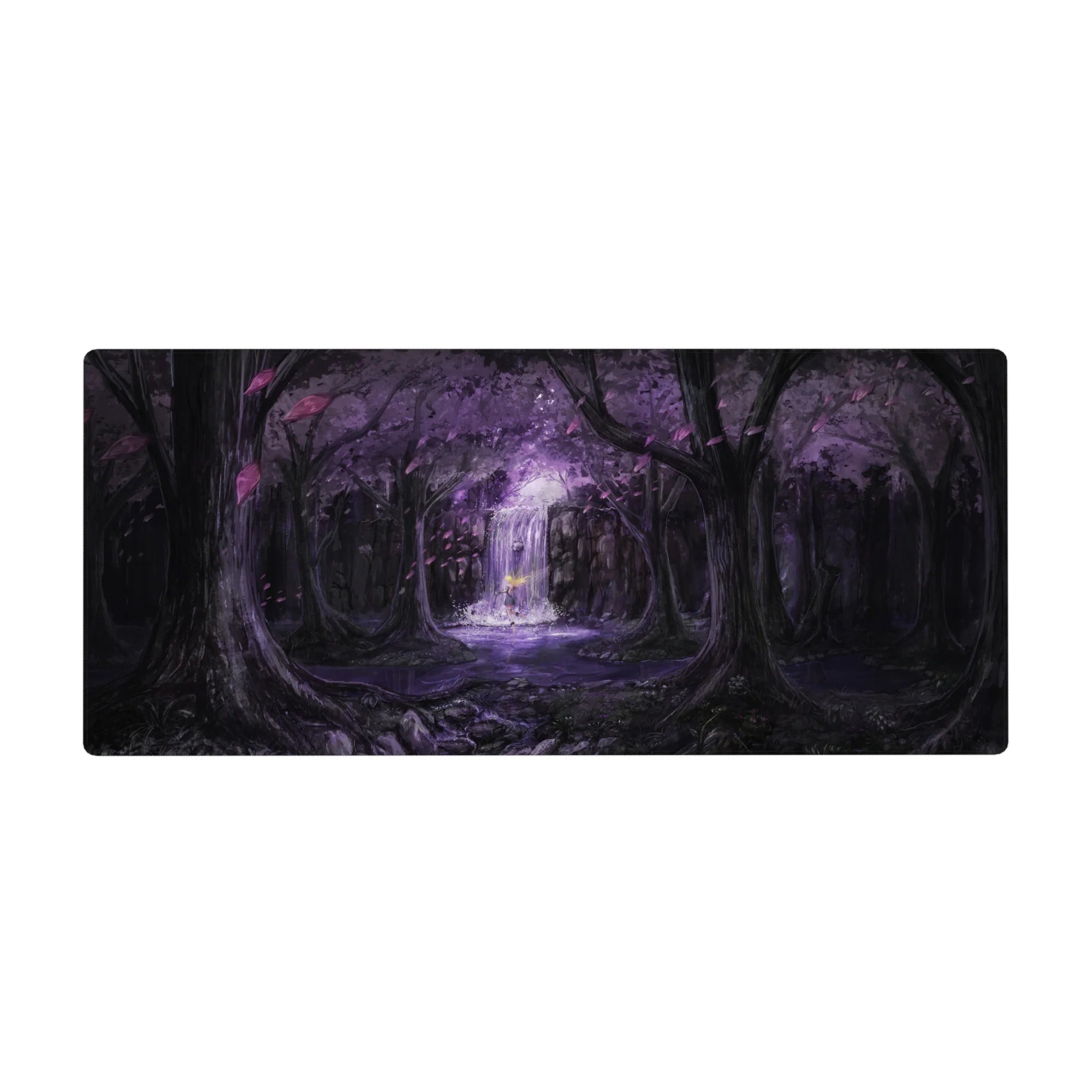 Anime desk pad 36x16 inches with violet forest, glowing waterfall altar, drifting petals, fantasy art.