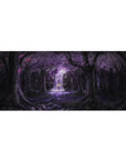 Anime desk pad 36x16 inches with violet forest, glowing waterfall altar, drifting petals, fantasy art.