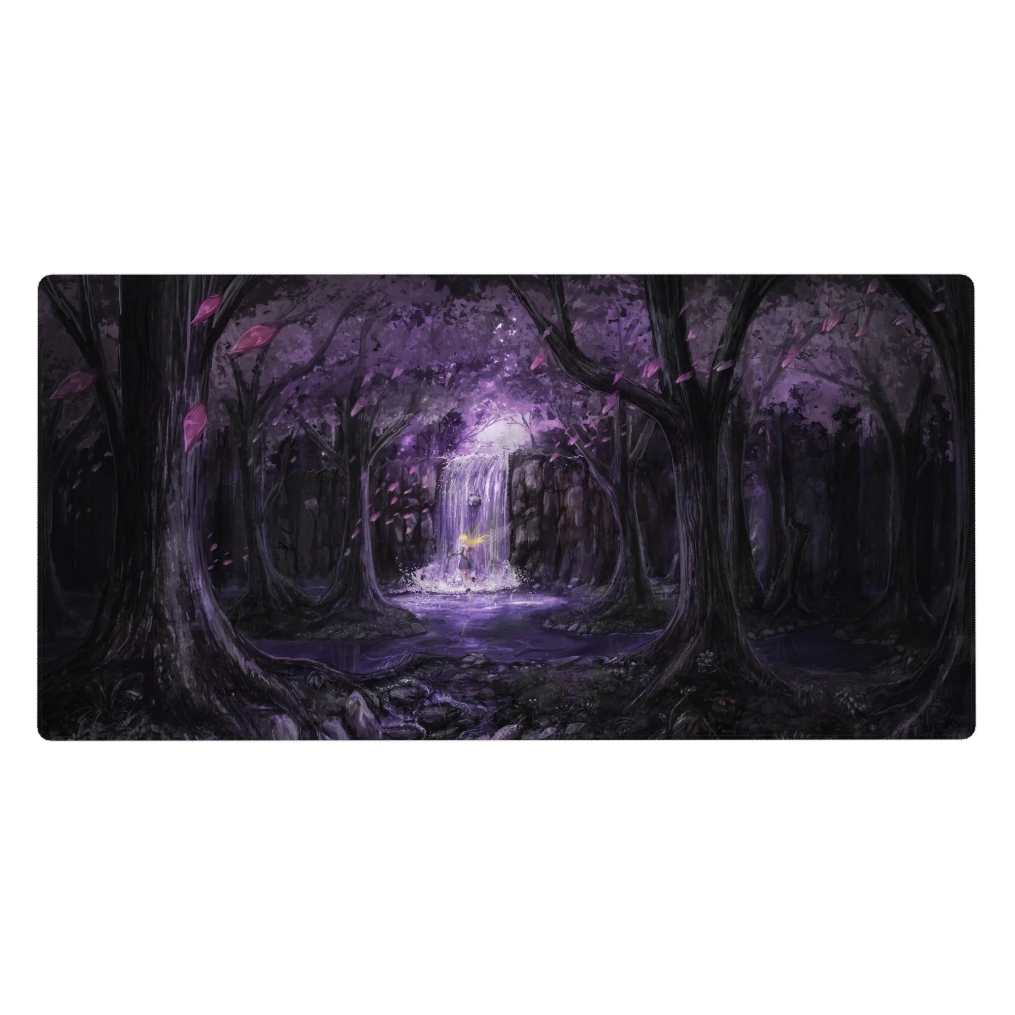 Anime desk pad 40x20 inches featuring a violet forest waterfall shrine scene with drifting petals.