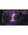 Anime desk pad 40x20 inches featuring a violet forest waterfall shrine scene with drifting petals.