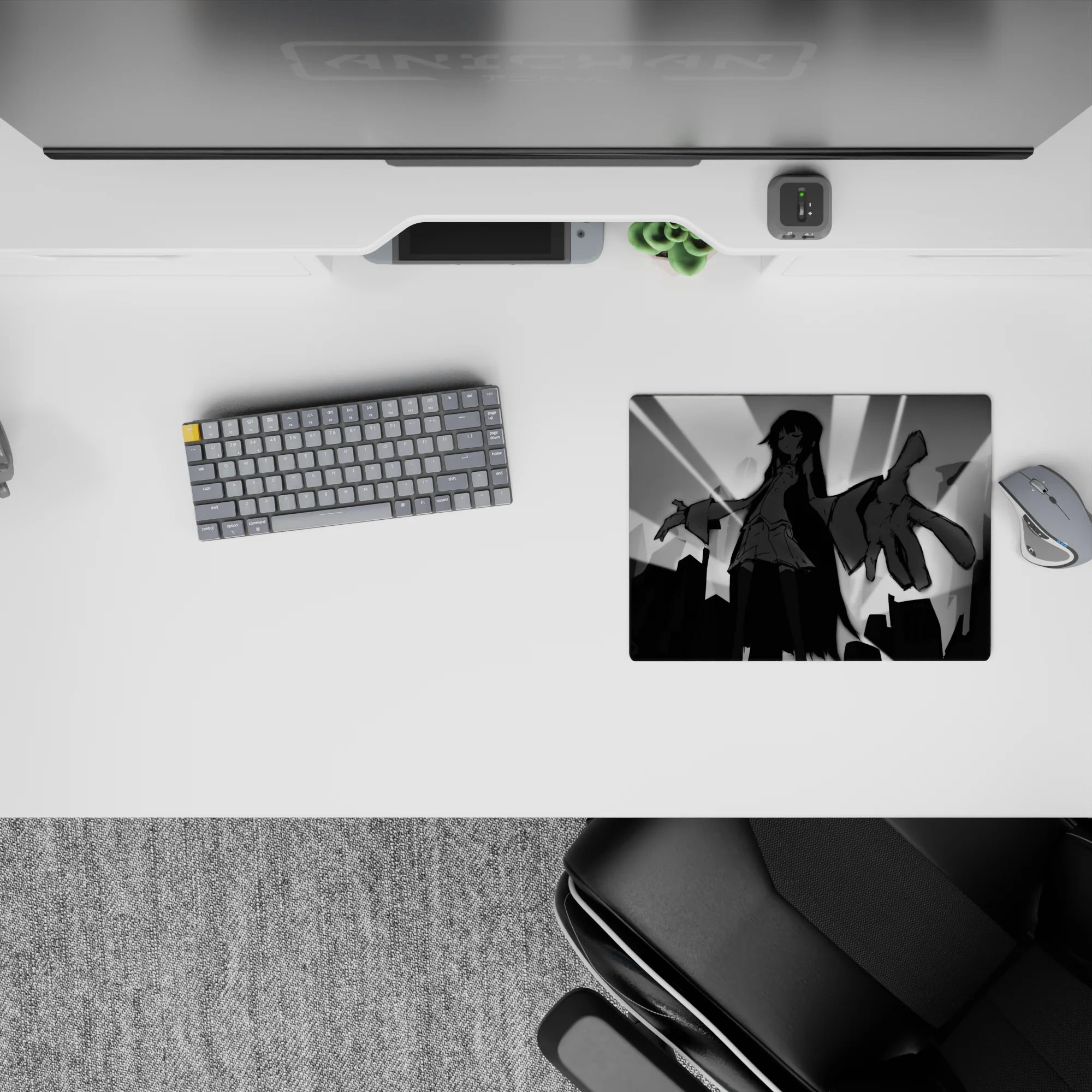 Dark monochrome anime mouse pad 14x10 inches in black and gray, dramatic cozy vibe with clean sharp lines.