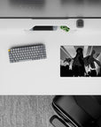 Dark monochrome anime mouse pad 14x10 inches in black and gray, dramatic cozy vibe with clean sharp lines.