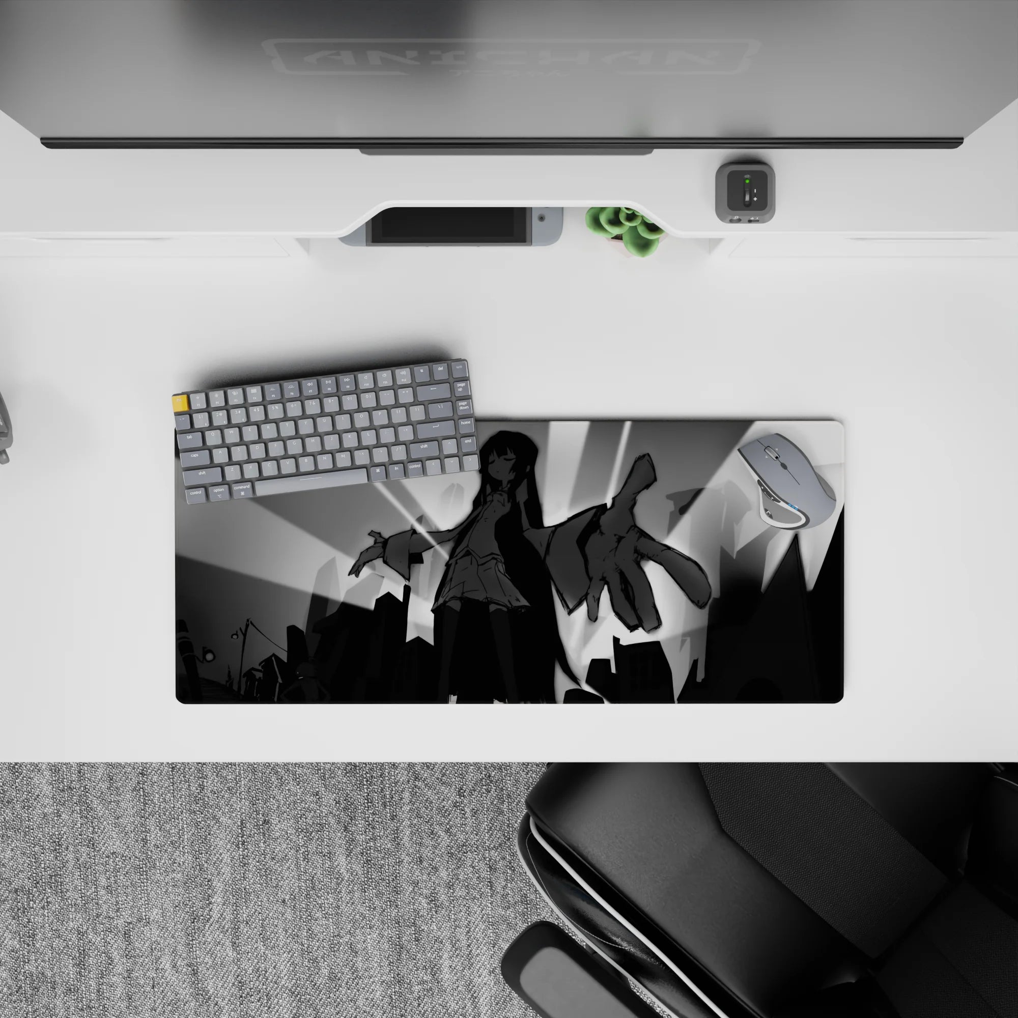 28x12 inches black and gray anime desk mat with dark cozy vibe, clean silhouettes, smooth tracking.