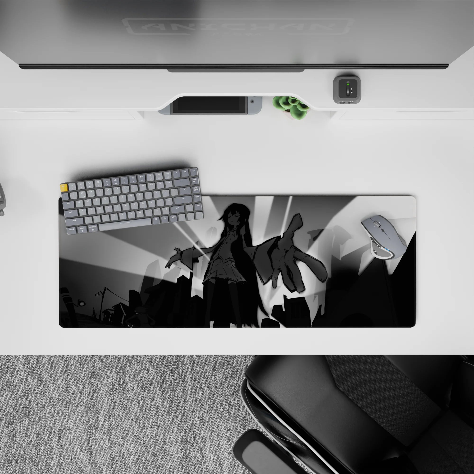 32x12 inches black and gray anime desk mat, dark dramatic vibe with cozy urban silhouettes and clean contrast.