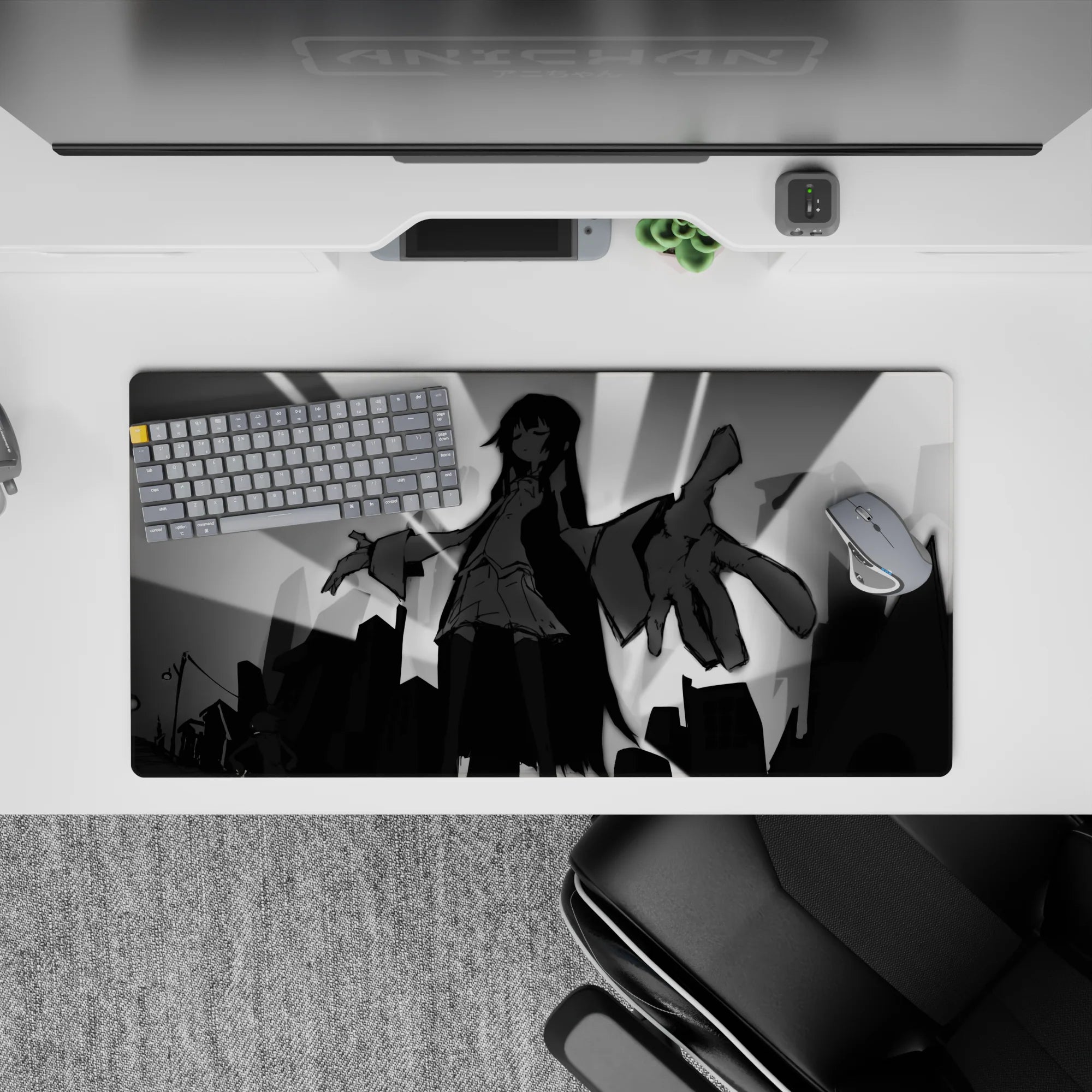 Dark cozy black-and-gray anime girl mouse pad 32x16 inches, dramatic ink hair and sharp cityscape.