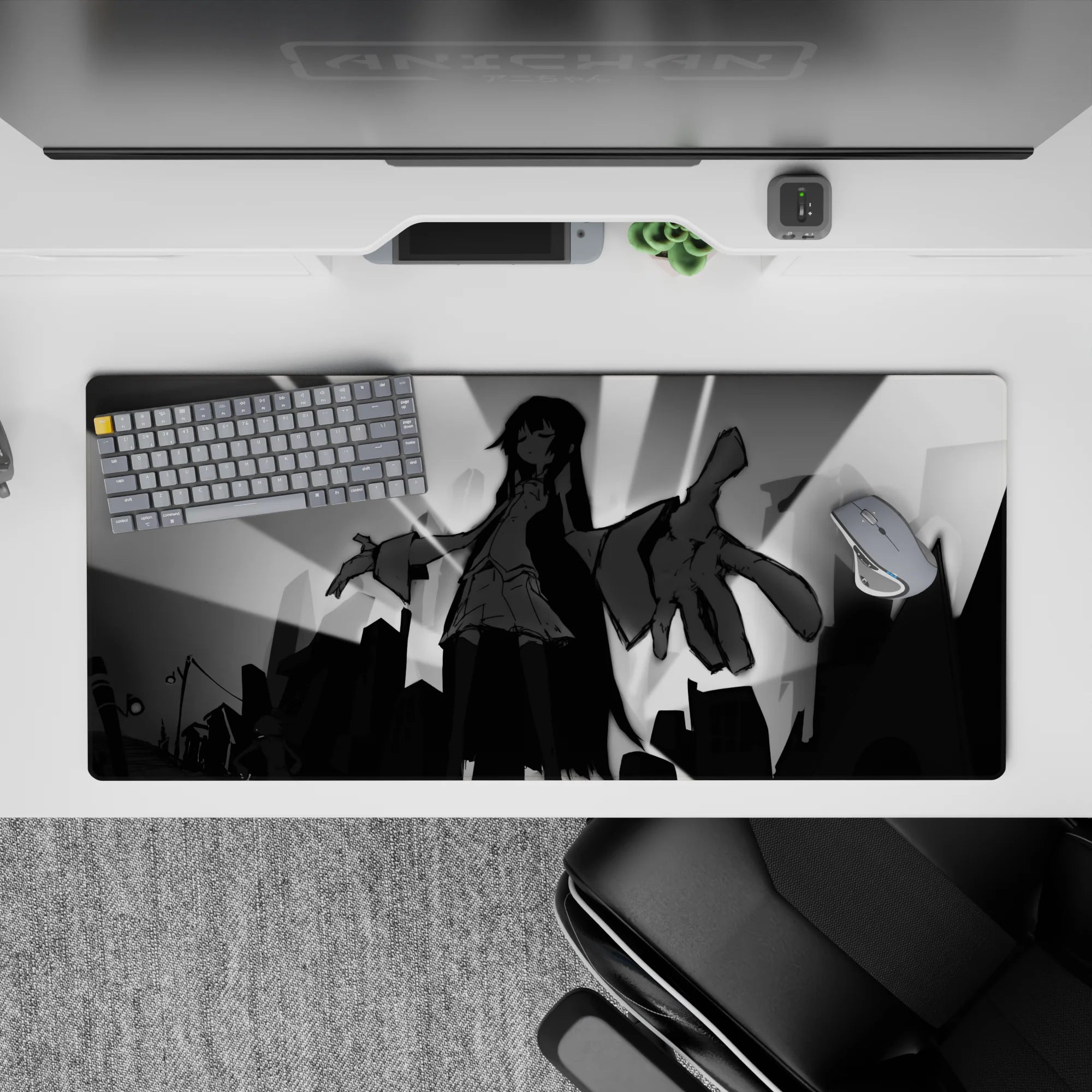 Dark black-and-gray anime desk pad 36x16 inches, dramatic yet cozy monochrome cityscape vibe.