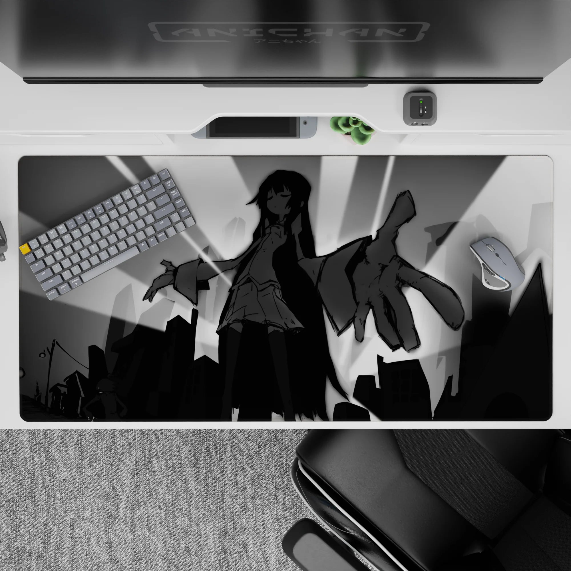 40x20 inches black and gray anime desk pad, dark dramatic cozy vibe with sharp silhouettes and soft tones.