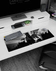32x12 inches anime girl mouse pad showing ink-black hair, flowing sleeves, short skirt, reaching over a skyline.