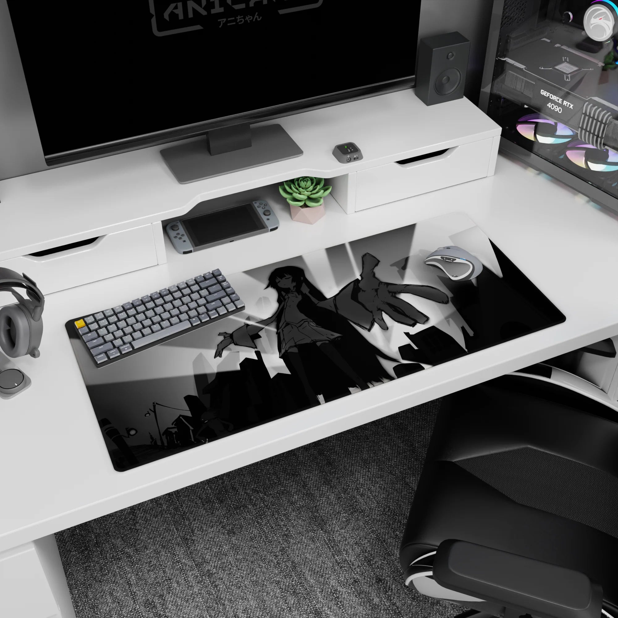 Anime girl reaches out over a skyline on desk pad 36x16 inches, flowing sleeves and ink-black hair.