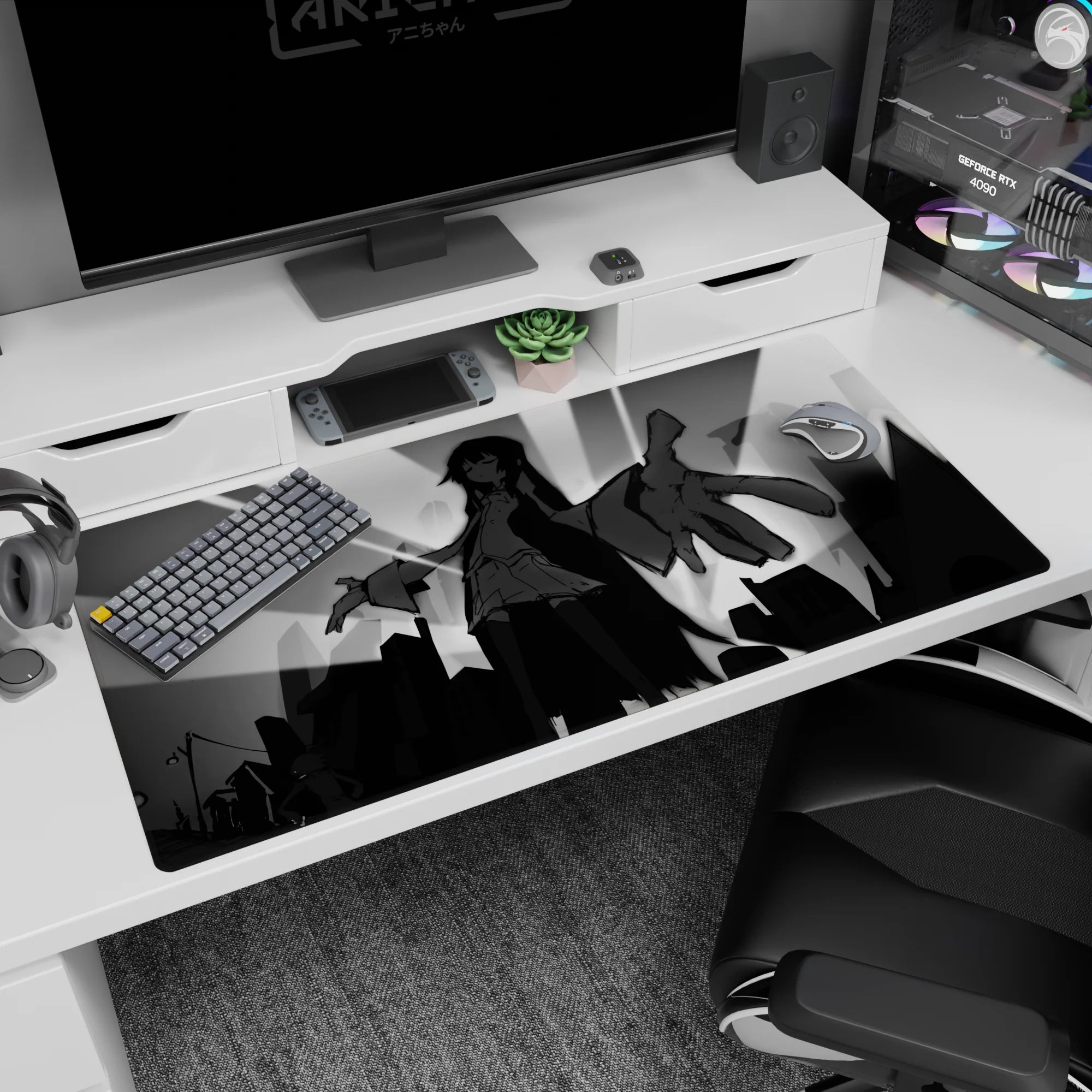 40x20 inches anime girl desk pad showing tall girl in flowing sleeves and skirt reaching out over skyline.